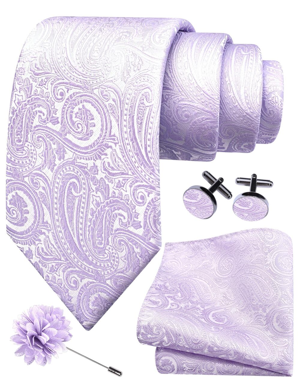2199 Lavender Tie Wedding Silk Paisley Necktie Pocket Square Cufflinks